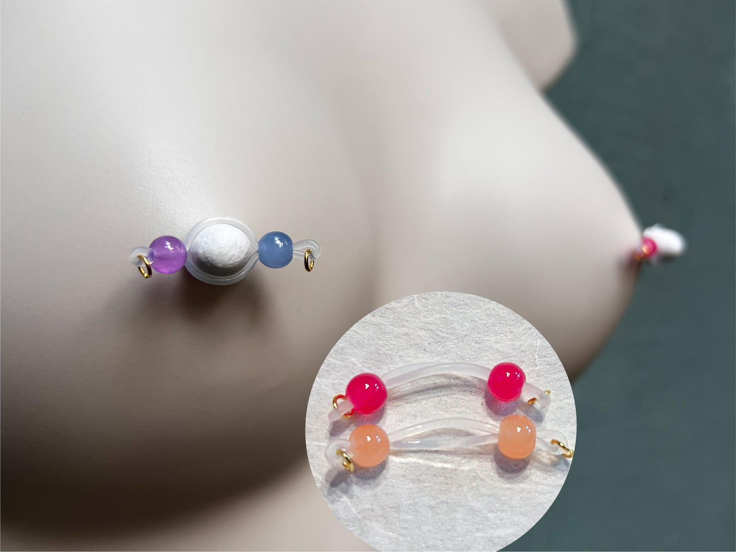 fake nipple piercing with colorful glass beads, shiny blue and pink barbell nipple jewelry
