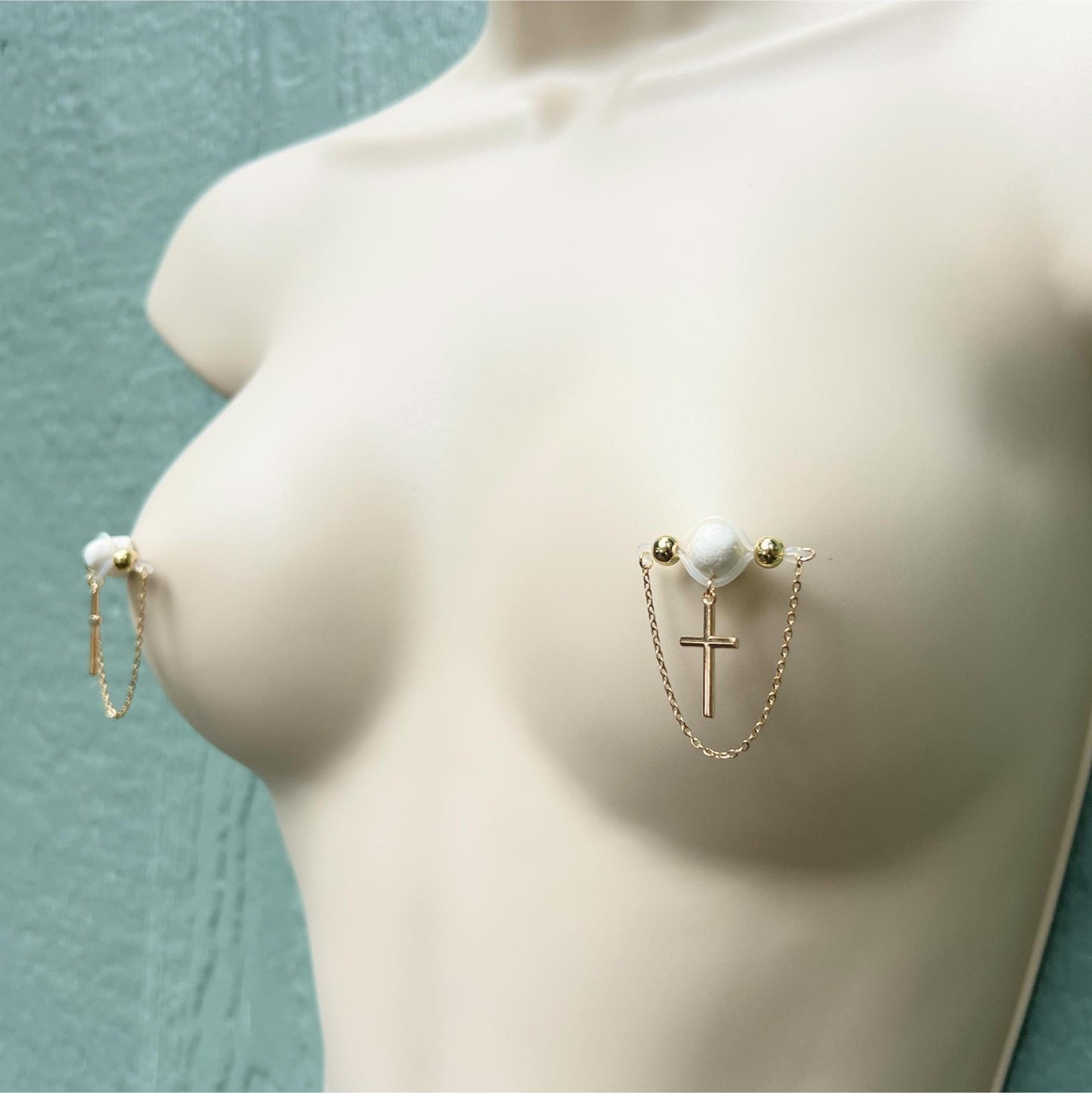 Chain & Cross Barbell Nipple Rings - Nipple Chain Piercings / Christian Non Piercing Nipple Jewelry