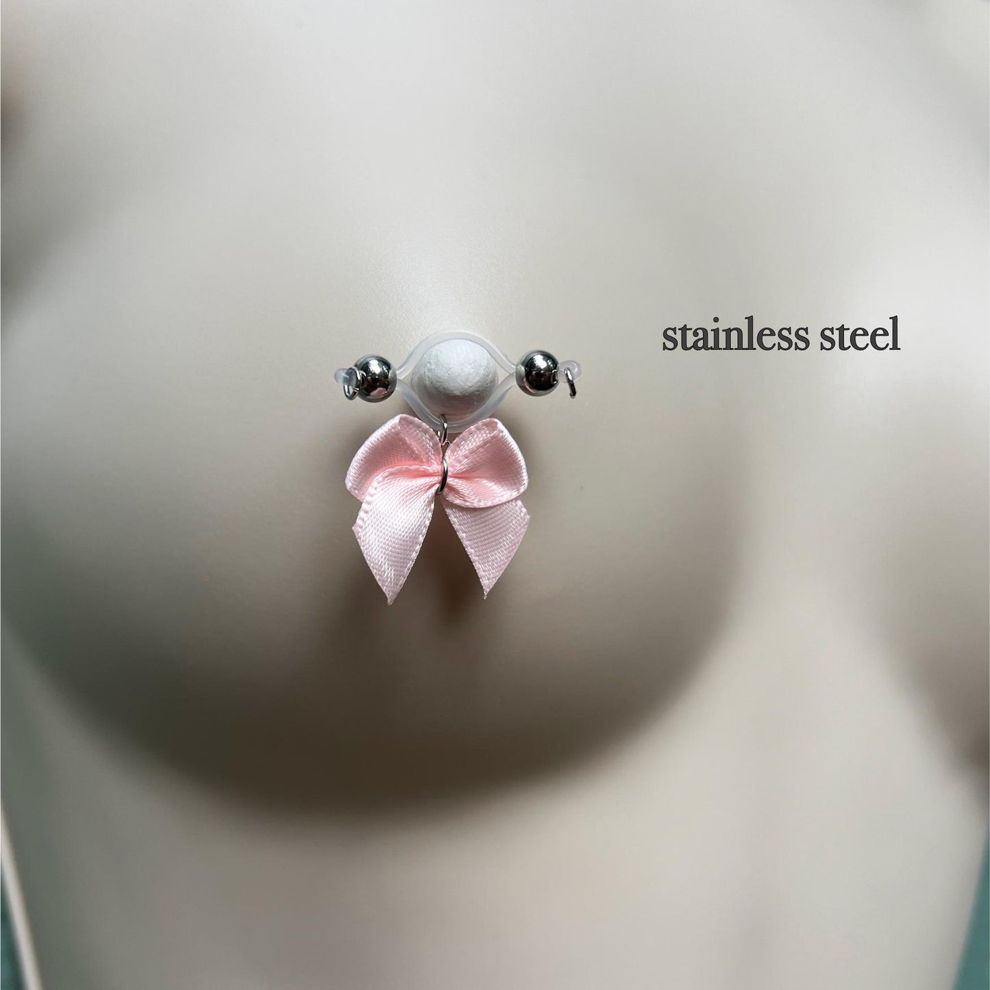 Cute Pink Bow - Barbell Nipple Rings / Faux Nipple Piercing