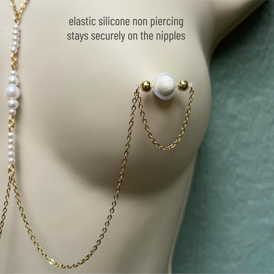 Pearl Nipple Chain to Faux Nipple Non Piercing / Body Chain Bra Jewelry