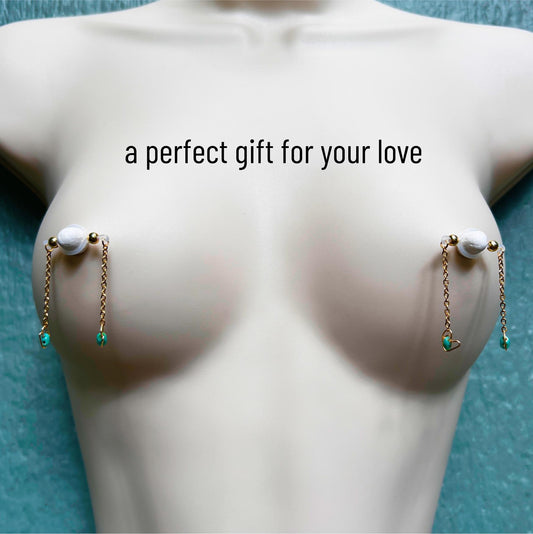 Turquoise Hearts - Barbell Nipple Chain Piercings / Non Piercing Nipple Jewelry