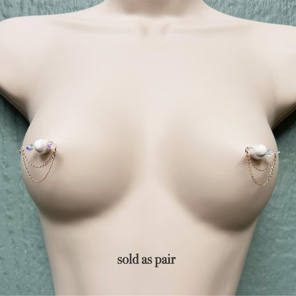 Sparkly Beads & Dainty Chains - Barbell Nipple Rings / Faux Nipple Piercing