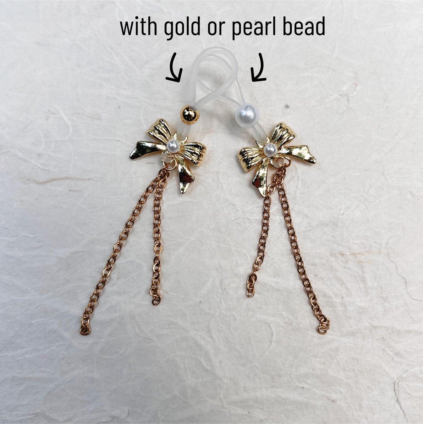 Gold Bow & Chain Dangle - Faux Nipple Piercing / Non Piercing Nipple Jewelry