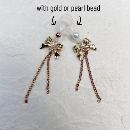 Gold Bow & Chain Dangle - Faux Nipple Piercing / Non Piercing Nipple Jewelry