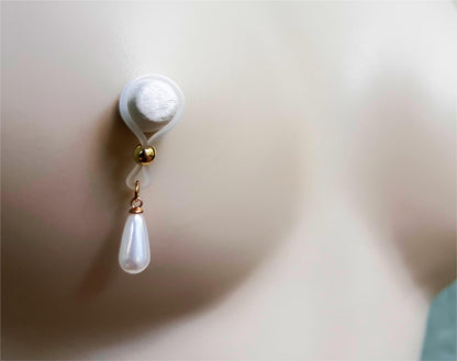 nipple noose jewelry with pearl beads and pearl pendant, nipple jewelry with white pearls and charm