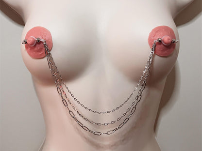 silver nipple chains, barbell nipple non piercing with three paperclip chains, connecting nipple to nipple