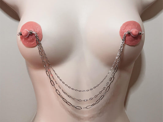 silver nipple chains, barbell nipple non piercing with three paperclip chains, connecting nipple to nipple