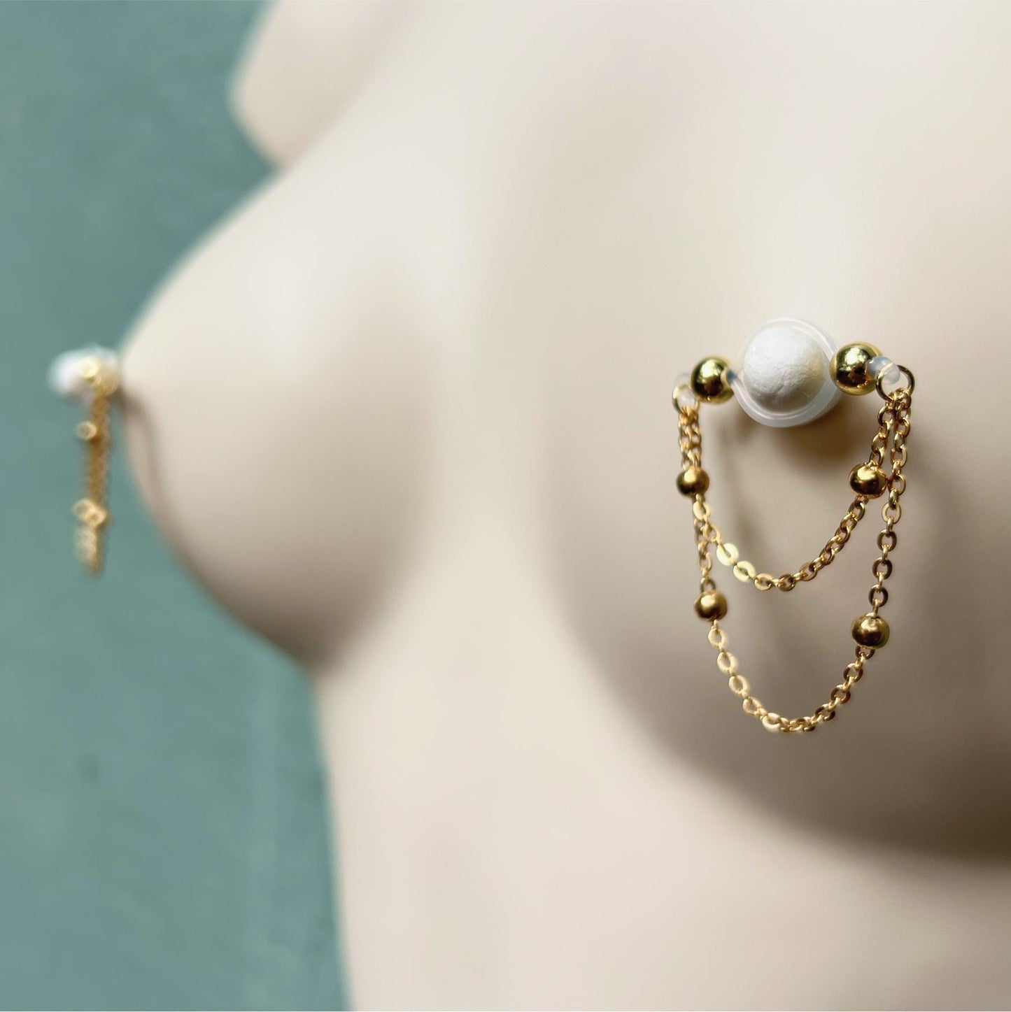 Beaded Gold Chain - Faux Nipple Piercing Jewelry / Barbell Nipple Chain Piercing