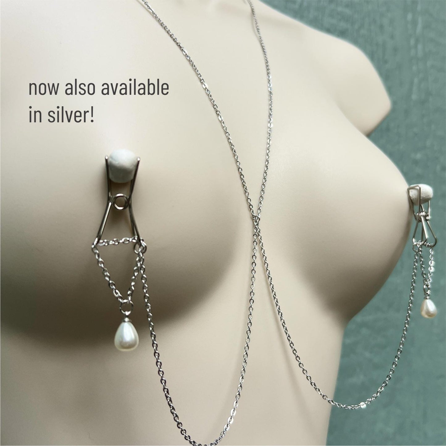 Dainty Nipple Clamps with Chain & Pearls - Body Chain Jewelry / Bra Chain / Breast Harness