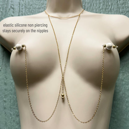 Triangle Choker Necklace to Faux Nipple Piercing or Nipple Clamp - Body Chain Jewelry / Bra Chain
