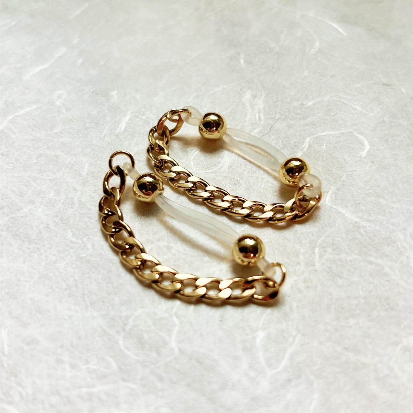 Gold Fake Nipple Piercing with Chunky Chain - Barbell Nipple Rings / Non Piercing Nipple Jewelry