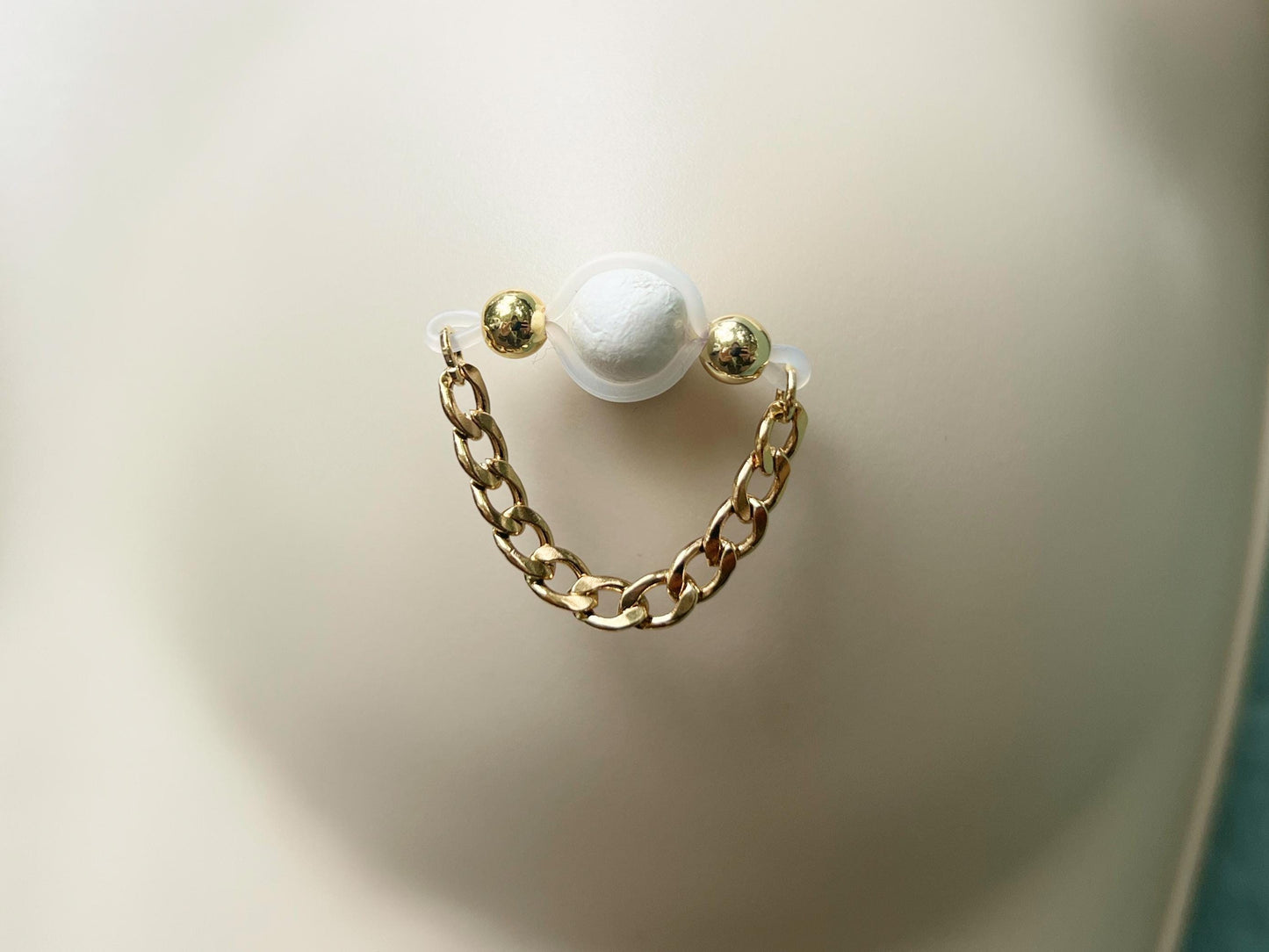 Gold Fake Nipple Piercing with Chunky Chain - Barbell Nipple Rings / Non Piercing Nipple Jewelry