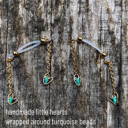 Turquoise Hearts - Barbell Nipple Chain Piercings / Non Piercing Nipple Jewelry