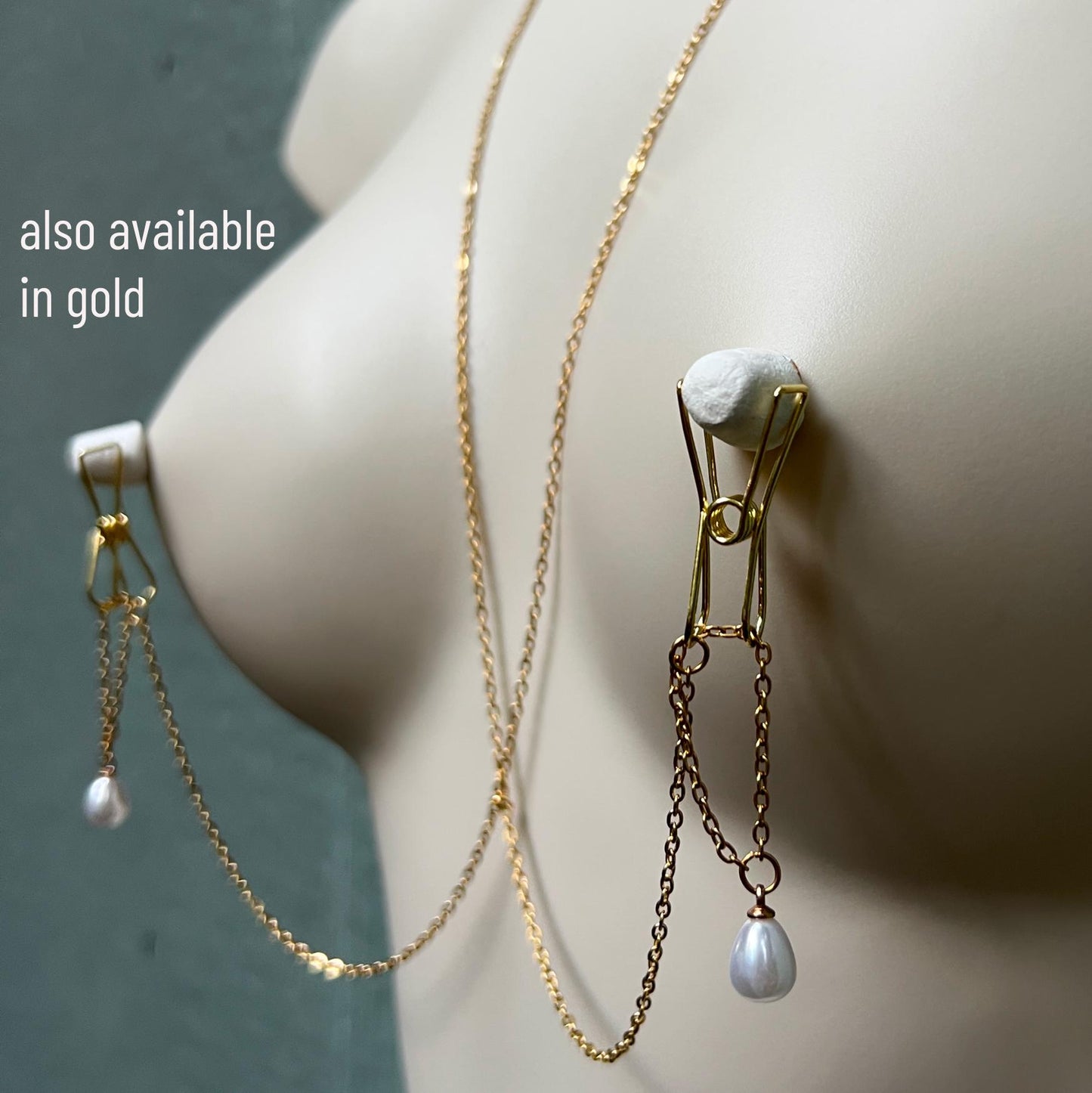 Silver Nipple Clamps with Chain & Pearls - Body Chain Jewelry / Bra Chain / Breast Harness