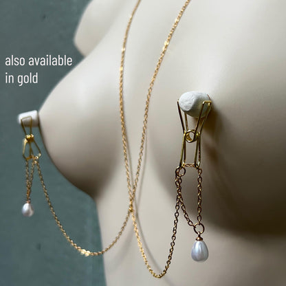 Silver Nipple Clamps with Chain & Pearls - Body Chain Jewelry / Bra Chain / Breast Harness