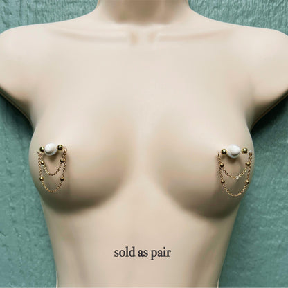 Beaded Gold Chain - Faux Nipple Piercing Jewelry / Barbell Nipple Chain Piercing