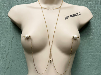 body chain to nipple piercing, choker necklace, boho geometric breast harness, connected to fake nipple piercing