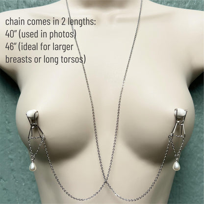 Silver Nipple Clamps with Chain & Pearls - Body Chain Jewelry / Bra Chain / Breast Harness
