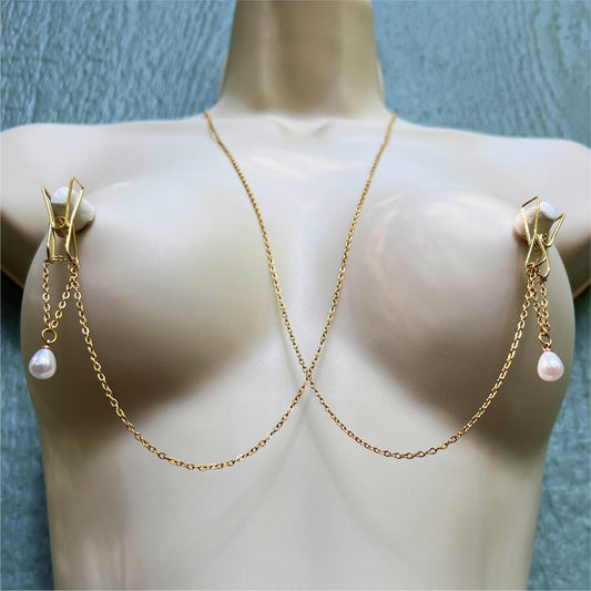 Dainty Nipple Clamps with Chain & Pearls - Body Chain Jewelry / Bra Chain / Breast Harness