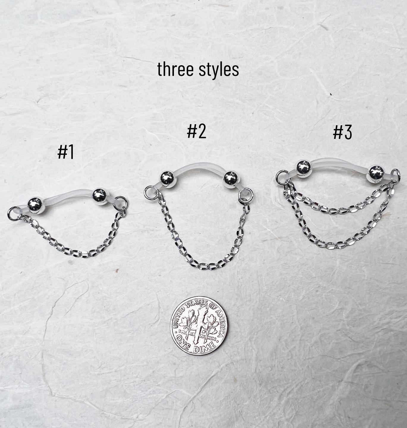 Silver Barbell Nipple Chain Piercing - Fake Nipple Piercing / Clip On Nipple Rings