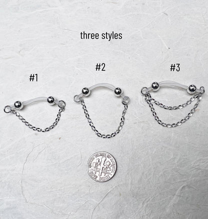 Silver Barbell Nipple Chain Piercing - Fake Nipple Piercing / Clip On Nipple Rings