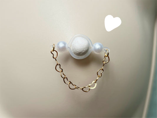 Non Piercing Nipple Jewelry with pearl barbell and heart chain, chain of hearts nipple piercing