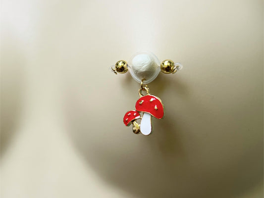 Gold Barbell Fake Nipple Piercing with Mushroom Charm - Secretly Mine