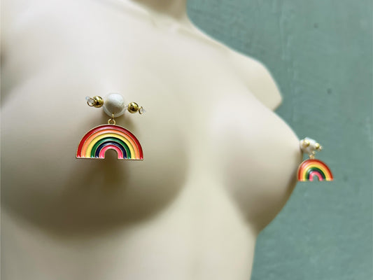 Big Rainbow Charm Fake Nipple Piercing - Pride Nipple Jewelry - Secretly Mine