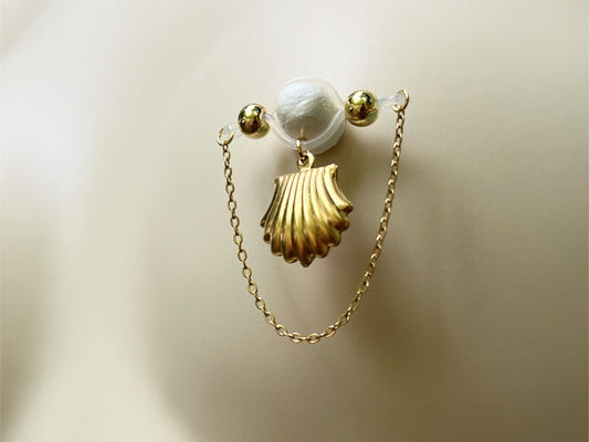 Golden Shell Charm with Nipple Chain on not pierced nipple barbell - Secretly Mine