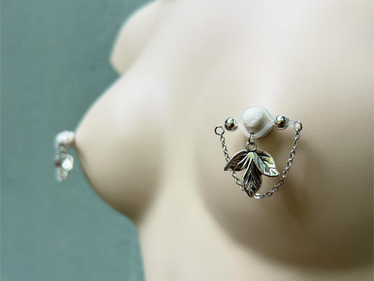Silver Barbell Style Faux Nipple Rings with Leaf Charm and Chain - Secretly Mine