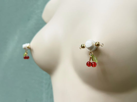 Dainty Cherry Charm Fake Nipple Piercing - Barbell Nipple Rings / Non Piercing Nipple Jewelry