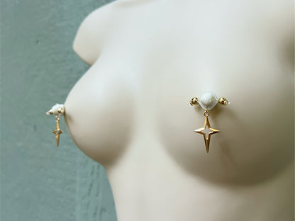 Gold Star Fake Nipple Rings - Barbell Fake Nipple Piercings / Non Piercing Nipple Jewelry