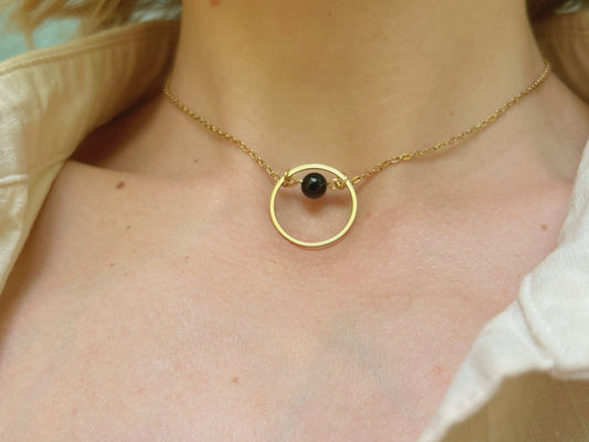 Gold Discreet Day Collar with large O ring and little black Agate Gemstone
