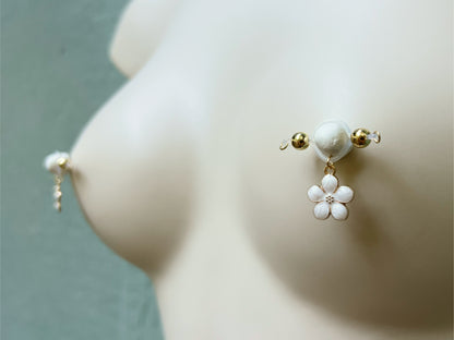 Dainty Flower Charm Nipple Rings - Barbell Fake Nipple Piercings / Non Piercing Nipple Jewelry