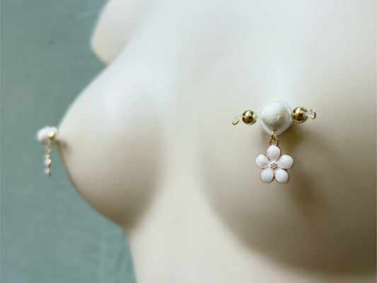 Dainty Flower Charm Nipple Rings - Barbell Fake Nipple Piercings / Non Piercing Nipple Jewelry