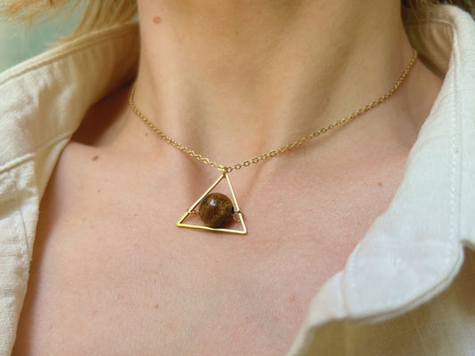 Gold Choker Necklace with triangle shape and tigers eye bead in the center of the triangle, dainty gemstone choker