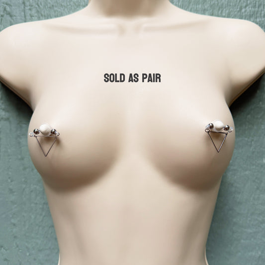 Fake Nipple Rings with Triangle Nipple Shield - Barbell Fake Nipple Piercings / Nipple Jewelry