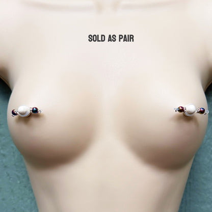 Faux Nipple Piercings with Peacock Hematite Barbells - Fake Nipple Rings / Non Piercing Nipple Jewelry