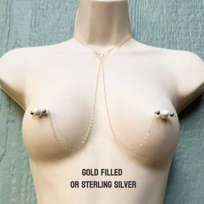 Gold Filled or Sterling Silver Necklace to Nipple Ring / Faux Nipple Piercing with Body Chain
