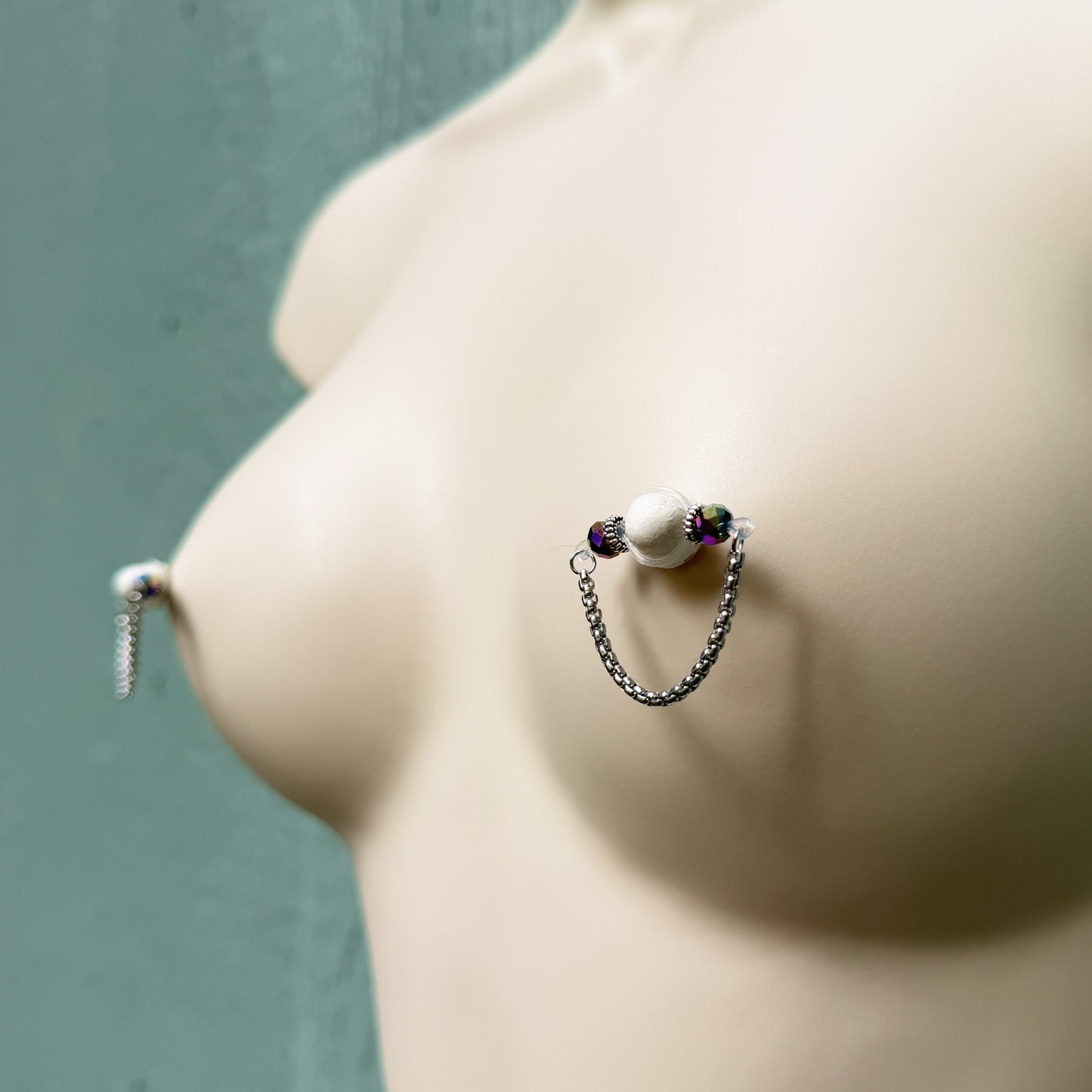 Sparkly Nipple Jewelry with Snake Chain - Fake Nipple Piercing / Nipple Rings
