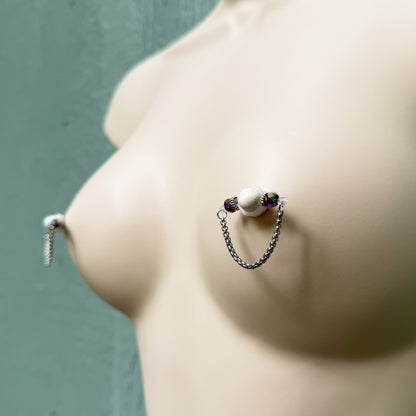 Sparkly Nipple Jewelry with Snake Chain - Fake Nipple Piercing / Nipple Rings