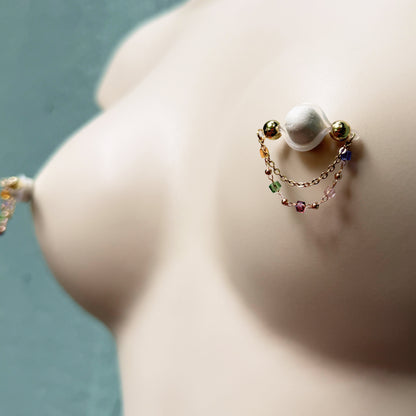 Golden Nipple Rings with Colorful Chain - Fake Nipple Piercings / Non Piercing Nipple Jewelry