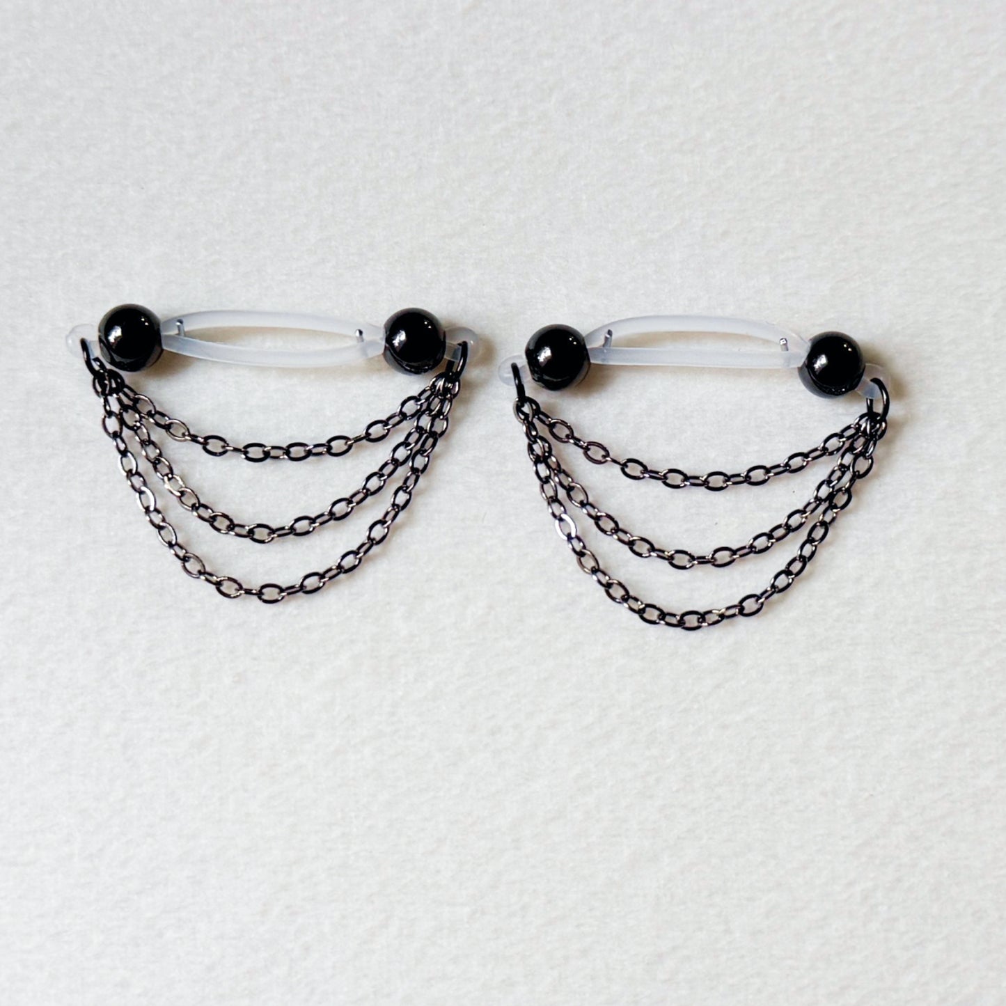 Black Barbell Nipple Rings with Triple Chain / Faux Nipple Piercings