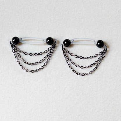 Black Barbell Nipple Rings with Triple Chain / Faux Nipple Piercings