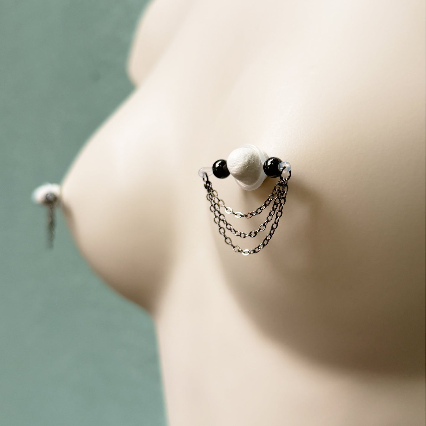 Black Barbell Nipple Rings with Triple Chain / Faux Nipple Piercings