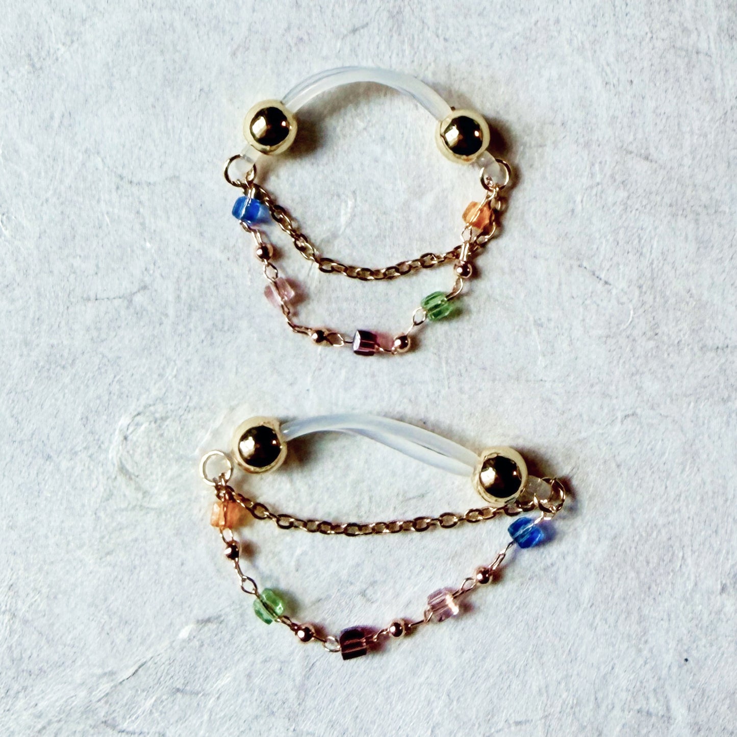 Golden Nipple Rings with Colorful Chain - Fake Nipple Piercings / Non Piercing Nipple Jewelry
