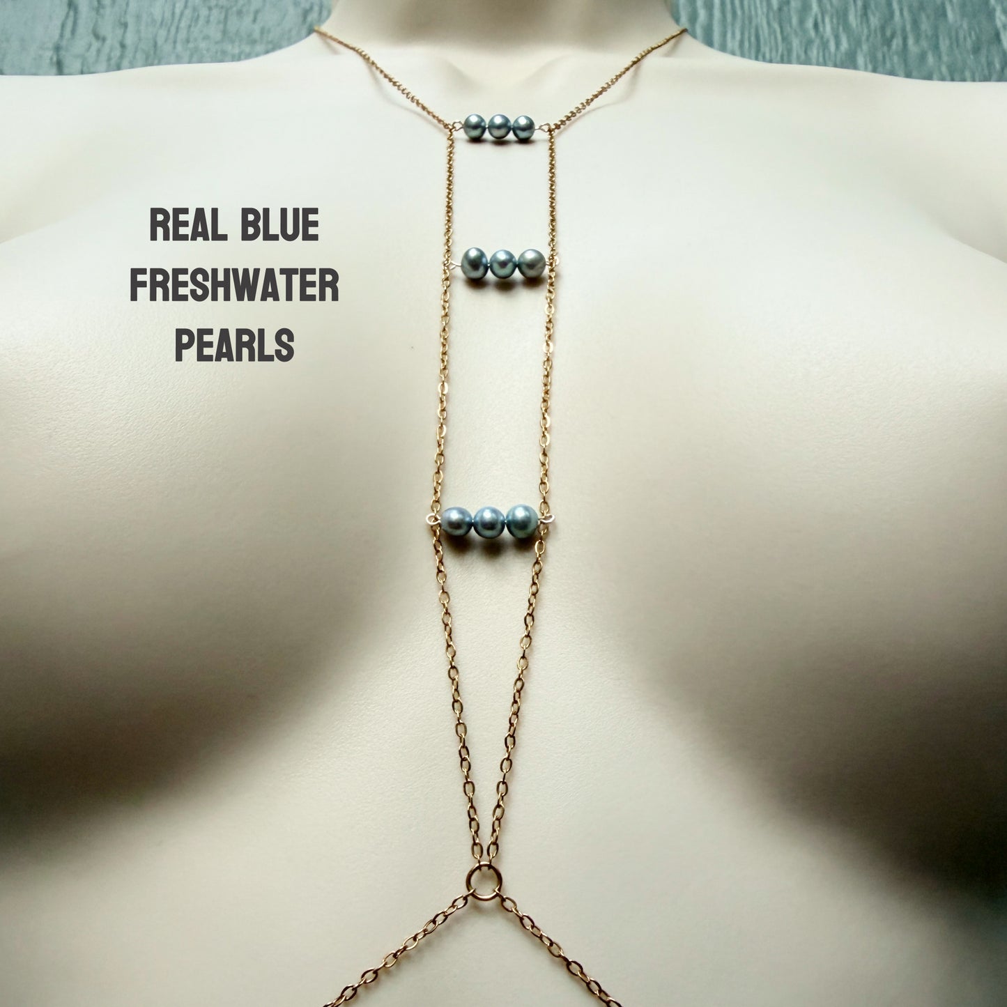 Dainty Body Chain with Blue Freshwater Pearls / Chain Bra