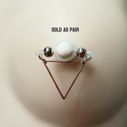 Fake Nipple Rings with Triangle Nipple Shield - Barbell Fake Nipple Piercings / Nipple Jewelry