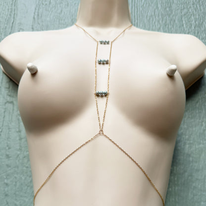 Dainty Body Chain with Blue Freshwater Pearls / Chain Bra