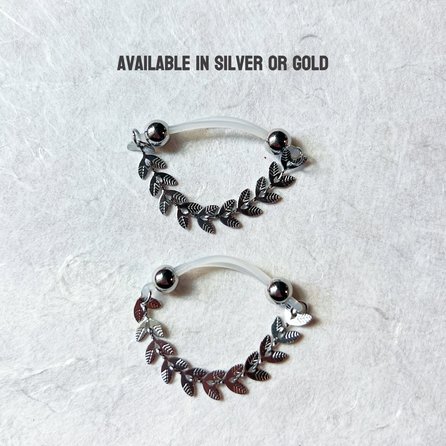 Fake Nipple Rings with Leaf Vine Chain - Barbell Fake Nipple Piercings / Nipple Jewelry